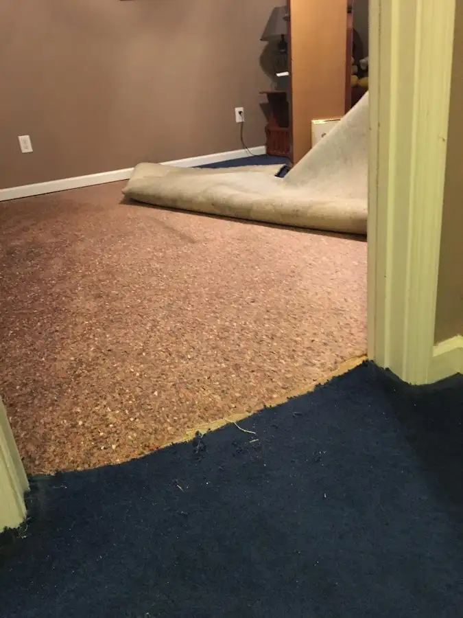 Carpet pad removal revealing water damage during Water Mitigation Services in Princeton